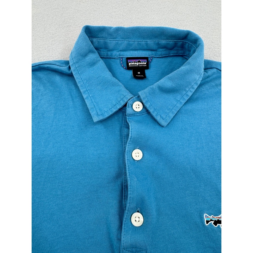 Patagonia Organic Cotton Short Sleeve Polo Mens Mโ Blue Trout Logo Gorpcore - Picture 3 of 9
